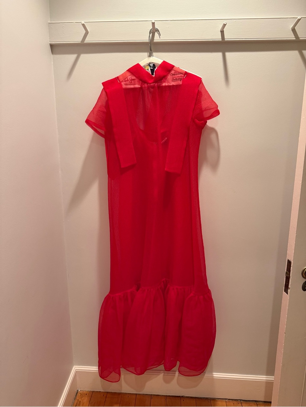 STAUD Red Sheer Maxi Dress with Flounced Hem - Picture 6 of 8